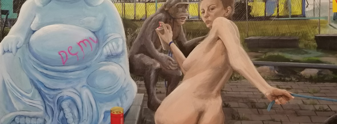 das zähmen widerspenstiger äffen hinter geschliffenem kalk, 220x110, Acryl auf Mdf (2023)