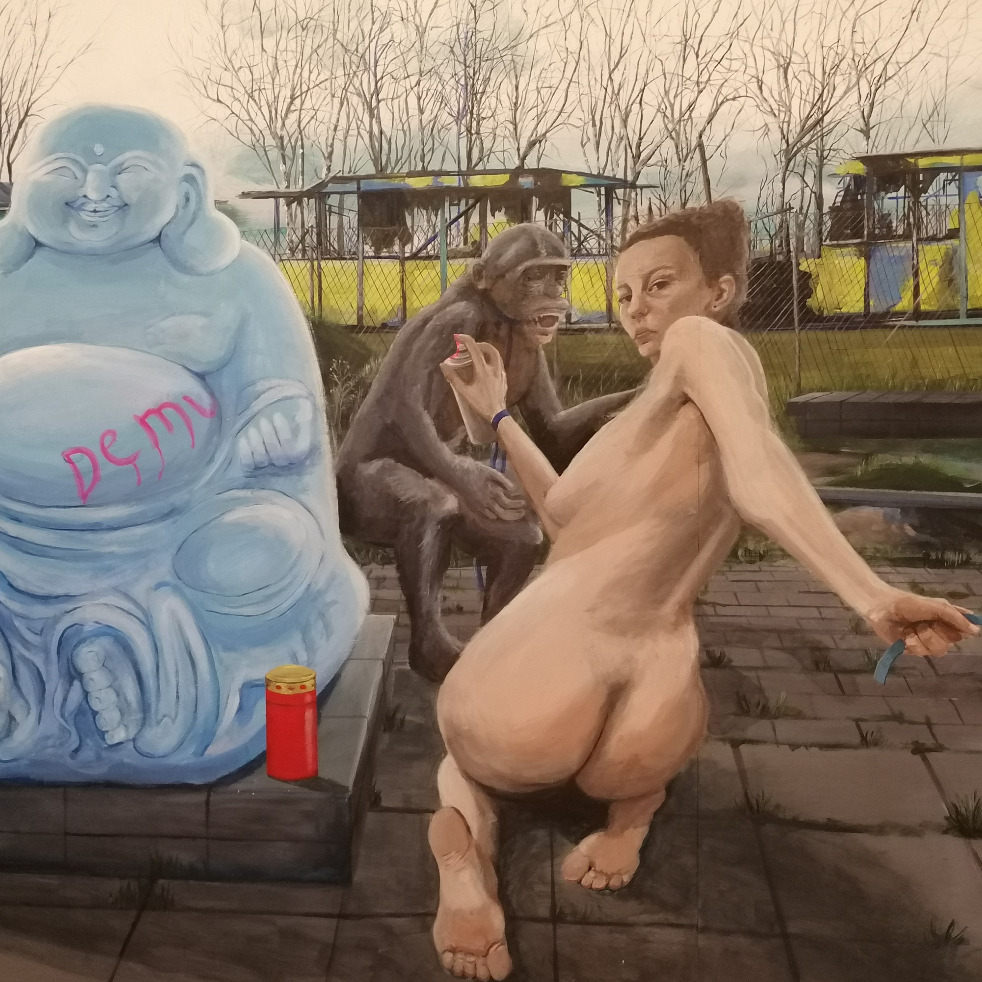 das zähmen widerspenstiger äffen hinter geschliffenem kalk, 220x110, Acryl auf Mdf (2023)